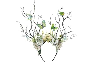 ‎MOSTORY MOSTORY Antlers Headband für Renaissance Kostüme Damen, Grün Geweih Kopfschmuck mit Schmetterling Blumen für Faschingskostüme Cosplay