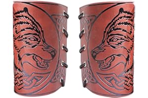 Thajaling 2 Pcs Leather Gauntlet Wristband Punk Bracer Leather Wrist Cuffs Bracers,Gauntlet, Viking Cosplay Armor Bracelet, Wolf Embossing Archery Armguard 5"