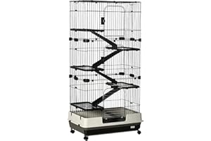 PawHut Grande Cage enclos Lapin à 5 Niveaux, Parc Lapin pour furets et Chinchillas avec 3 Portes, 5 rampes, Plateau Amovible et roulettes, 81 x 52,5 x 159 cm, Noir et Gris