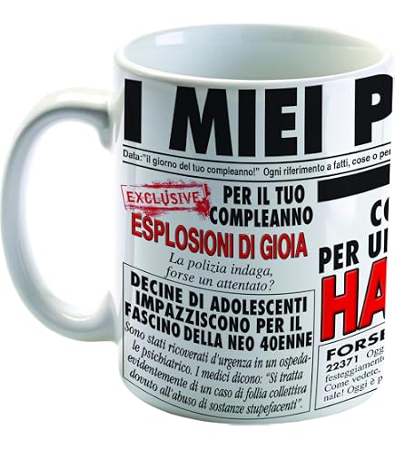 Tazza 40° Compleanno, 340 Ml, Porcellana Bianca Con Manico Verde E Interno Rosso, Scatola Regalo