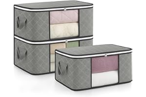 unycos - Cajas para Almacenaje de Ropa x 3【35L】 Bolsas Plegables con Ventana Transparente, Doble Cremallera y Asas Reforzadas, Organizador de Toallas, Edredones, Juguetes | Hasta 10 kg (Grey/Black)
