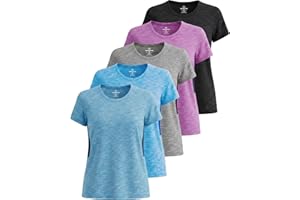 Real Essentials Lot de 5 t-Shirts athlétiques à Manches Courtes et col Rond pour Femme Dry Fit Tech Stretch