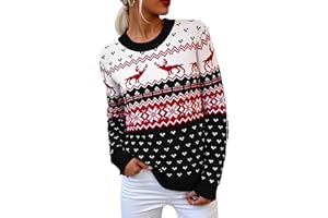 Crewhpo Jersey Navideño Mujer Suéter de Navidad Invierno de Cuello Redondo Manga Larga Ropa de Punto Jerséis con Copos de Nieve de Reno