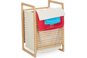 ‎RELAXDAYS Relaxdays Kosz na pranie bambusowy, prostokątny, z uchwytami i pokrywką, wys. x gł.: 60 x 40 x 35 cm, pojemnik na pranie brudne, naturalny/kremowy