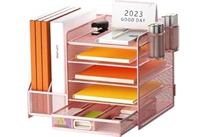 Restorgan Desk Organizer With File Holder, 5-Tier Paper Tray With Drawer and 2 Pen Holders, Mesh Desk File Organizer With Magazine Holder for Home Office Supplies (Pink)