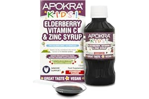 APOKRA Kids Elderberry Syrup, Acerola Cherry Vitamin C and Zinc for Kids | Immune System Booster | Natural Strawberry Flavour | Vegan | Plant Based VIT C | APOKRA