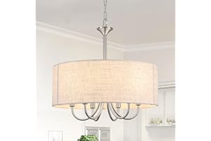‎LWYTJO LWYTJO 6 Flammig Pendelleuchte Stoffschirm, Weiß Lampenschirm Hängelampe Kronleuchter Modern Hängend für Esstisch, Wohnzimmer, Schlafzimmer(Nickel, Ø 46cm)