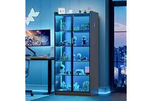 yoofun 65" Display Cabinet with Acrylic Double Doors with Lights, 5 Tier Curio Tall Storage Cabinet with Adjustable Shelves, Transparent Figures Display Case for Living Room Office Bedroom (Black)