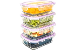 LG Luxury & Grace Pack 4 Fiambrera de Cristal 600 ml. Recipientes Herméticos para Alimentos. Envases Contenedores. Recipiente Aptos para Microondas, Horno, Lavavajillas y Congelador. Sin BPA.