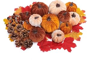 AnyDesign 12Pcs Fall Artificial Pumpkin with 30Pcs Mixed Color Maple Leaf 12Pcs Acorn and 6Pcs Pine Cone Decor Autumn Faux Velvet Foam Pumpkin Table Ornament for Fall Harvest Thanksgiving Party Decor