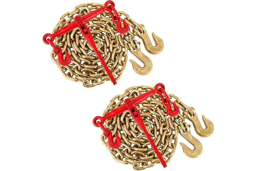 GarveeTech G70 Ratchet Chain Binder Kit – Heavy Duty with 3/8–1/2" (9.53-12.7 mm) Grab Hooks, 10 ft (3.05 m) Chains & 4.17 Tonne (9200 Lbs) WLL, for Truck Towing, Hauling & Industrial Use