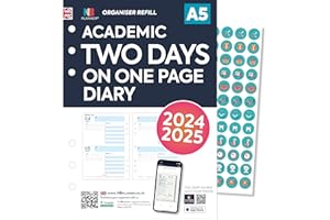 NBPLANNER Academic 2024-2025 Two days on one page diary 6-Ring Organiser Refill Insert | A5 size | Monthly/Daily | Monday Start | Filofax A5 Compatible (02323)