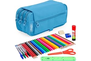 PracticDomus ColePack - Estuche Escolar 3 Compartimentos, Portatodo Triple con Material de Primeras Marcas Incluido (Eco Azul C.)