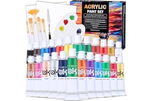 Aottom 33 Stück Leinwand Acrylfarben Set, 24 *Tube Acrylfarben mit 5 *Pinselset +2*Leinwand +1*Mischpalette +1*Mischmesser Acryl Farben für Steine,Papier,Holz, für Künstler,Anfänger