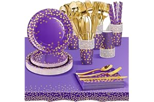 AIPartywar 226 Pcs Piezas Oro Púrpura Cumpleaños Vajilla de Fiesta, Platos y Vaso Cumpleaños Infantil, Juego de vajilla para Fiestas Platos Vasos Servilletas Cubiertos -25 Invitado