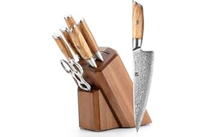 XINZUO Set Cuchillo Cocina con Bloque de Cuchillos 8 Piezas, Acero en Polvo de Damasco de 73 Capas Juegos de Cuchillo de Chef Profesional-Mango de Madera de Olivo -con Tijeras de Cocina y Chaira