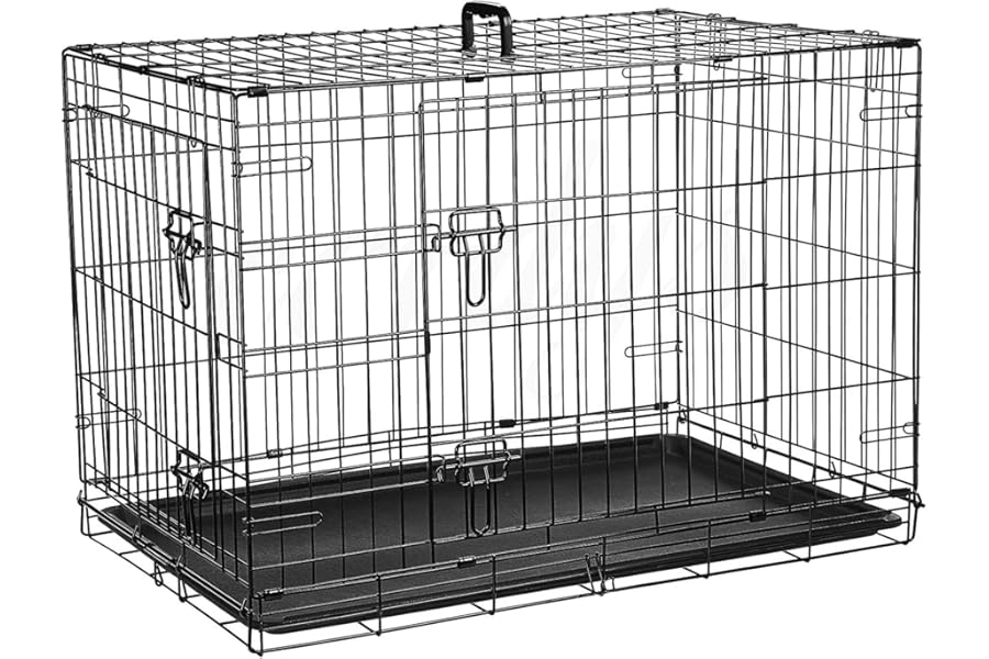 Cardys Medium Sized Dog Crate | Puppy Cage with 2 Doors Dual Access | Easy Clean Removable Plastic Tray | Folding Metal Frame | Portable Training Travel Crate 30 inch - Sliding Locks & Carry Handle