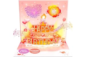 FITMITE Birthday Cards, Musical Pop up Happy Birthday Card with Light and Blowable Candle Birthday Gifts for Women Men Husband Wife Sister Friends Kids-Rose Gold