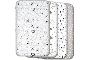 SELEMAVI Next to Me Crib Sheets – 4 Pack Baby Crib Fitted Sheets Set - 100% Cotton, Soft & Breathable, to fit Bedside Cribs - Made in Europe – 83 x 50 cm (Blue&Grey Patterns, 83x50cm)