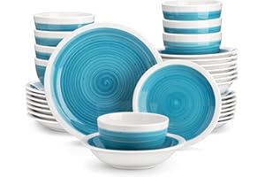 vancasso Ori Dinner Set for 8, Stoneware Dinner Sets Handpainted Tableware, 32-Piece Blue Dinnerware Set with Dinner Plate/Dessert Plate/Pasta Bowl/Cereal Bowl, Rustic Chic Style