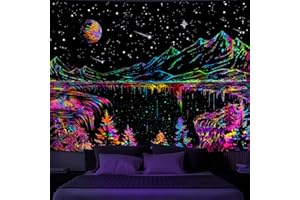 Simpkeely Blacklight Mountain Tapestry, Galaxy Meteor Aesthetic UV Reactive Tapestries, Forest Moon and Stars Starry Night Glow in the Dark Wall Hanging for Bedroom, Living Room - 130 x 150 cm