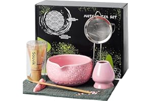 Souvik Matcha Set – 7-teiliges Matcha Tee Set für Zeremonie, Ceremonial Matcha mit Matcha-Schüssel mit Ausguss, Bambusbesen & Zubehör – Geschenkset für Matcha-Liebhaber, Rosa