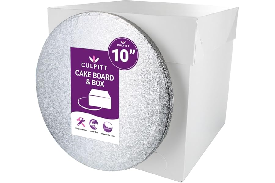 Culpitt 10" Round Silver Cake-Board & Tall White Cake-Box Combo, 10 x 10 x 10 Inch Square Box and Matching Circle Set For Tiered or Decorated Transport