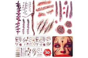 ANGOZO 30 Sheets Halloween scar tattoos Stickers with Fake Scab Blood,zombie tattoo,halloween scar makeup,halloween face stickers, costume for women Makeup Props