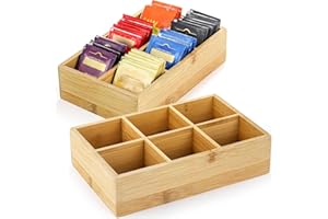 Dicunoy 2 Pack Bamboo Tea Bag Storage Organizer, Wooden Tea Box Drawer Storage Holder With 6 Compartments, Coffee Station Organizer, Divided Chest Countertop Box for Sugar Packet, Sweeteners,