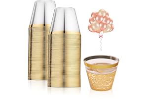 Pomeloone 50 Pezzi Bicchieri di Plastica, Riutilizzabile Trasparente con Bordo in Oro Tazze da Bere per la Casa Decorazione del Partito, Matrimonio, Compleanno, Picnic - 255ml