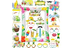 LMSHOWOWO 29 Pieces Hawaii Photo Props Set and Inflatable Photo Frame, Summer Photo Box Accessories, Hawaii Theme Photo Booth Props, Flamingo Photo Props, for Summer Beach Luau Party Supplies