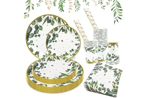 Wentsent Partygeschirr Set 125 Stück | Party Pappteller Set Eukalyptus Grün | Geburtstag Babyparty Neutral Junge Mädchen Baby Shower Hochzeit | Einweg Papier Servietten Becher Stroh Tisch Dekoration