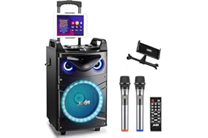 Moukey Altavoz Karaoke con 2 Micrófonos Inalámbricos, Máquina de Karaoke Bluetooth Portátil con Luces de Fiesta, Ajuste de eco/agudos/graves, 12" Woofer Sistema PA Soporte TWS/REC/AUX IN/MP3/USB/TF/FM