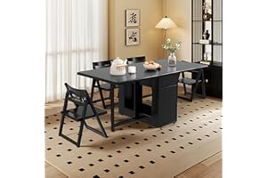 Hearthform Folding Table and 4 Chairs Set with 2 Drawers & Castors, 130CM Solid Wood Extendable Desk for Small Spaces, Kitchen, Diner & Compact Living, Black(130CM Dining table+4 chairs)