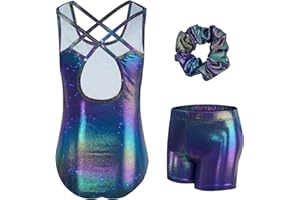 JiAmy Maillot Gimnasia Ritmica para Niña, Maillot Disfraz Gimnasta Sin Mangas Espalda cruzada Maillot Ballet Incluyendo Hairband Pantalones cortos Niña de 3 a 12 años