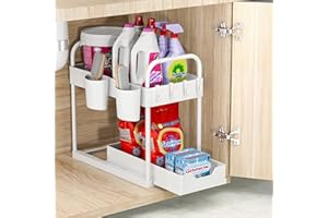GEMWON Organizador Cocina 2 Niveles, Deslizable bajo Fregadero, Extraíble Estante Almacenamiento Debajo con 8 Ganchos y 4 Cesta Colgante para Cajones, Baño Blanco-1 Paquete
