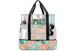 UYLIA Large Tote Mesh Beach Bag with Cooler for Women Men, Durable 8 Pockets Sandproof Waterproof Foldable for Pool Swimming and Travel Daily Use