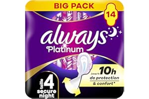 Always Platinum Serviettes Secure Night (taille 4) Avec Ailettes14, Voile Supérieur Protecteur Ultra-Doux, Parfum Léger