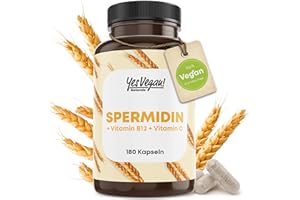 ‎YES VEGAN! 3mg Spermidin + Vitamin C+B12 (180 Kapseln für 6 Monate) Spermidin Kapseln hochdosiert - Alternative zu Spermidine Pulver