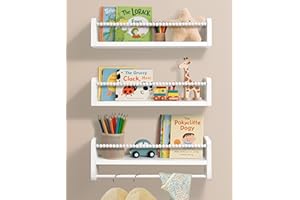 Mazjoaru White Floating Shelves Nursery Book Shelf for Wall, Kids Shelves for Bedroom Baby Bookshelf Decor, Solid Wood Small Shelving Organizer With Wooden Bead Design 40cm Set of 3