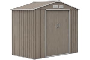 Outsunny Casetta da Giardino Porta Utensili in Lamiera di Acciaio con Fondazione, 2.42m² Capanno da Giardino in Acciaio con Porte Scorrevoli, 213x130x185 cm, Marrone Chiaro