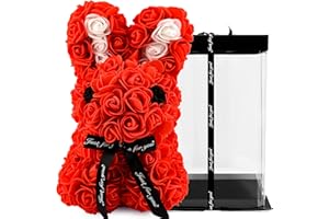 TJC Rose Teddy Bear Flower Bear with Gift Box Birthday Romantic Valentines Gifts for her Girlfriend Love Friends Wife Fiancée PE Material with Bow Tie Everlasting Forever Red and White