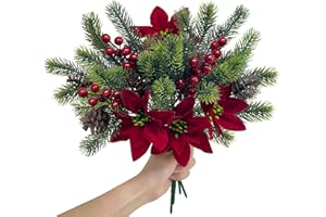 ‎SHEPIN SHEPIN 4 Stück Künstliche Tannenzweige mit Weihnachtsstern u. Roten Beeren wie echt, Kunstblumen Weihnachten Zweige Weihnachtsblumen Künstlich Weihnachtsstrauß Weihnachtsgesteck Weihnachtszweige Deko