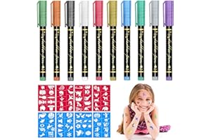 AUTOAU Penna per Tatuaggi Temporanei 10 Tattoo Pen per Pelle con 8 Stencil Tattoo, Kit Pennarelli Tatuaggi Temporanei Bambini per Ragazzo, Ragazza, Carnevale, Halloween, Natale, Feste di Compleanno