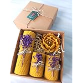 Petekoğlu Balmumu Mum Dekoratif Hediye Kutusu 4 L&uuml; Set Doğal Petek Beeswax Candle A&ccedil;mış G&uuml;l (Mor S&uuml;slenmiş a&ccedil;mış g&uuml;l)
