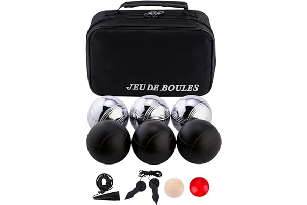 Engelhart - 010207 - Jeu de Boules 2 x 3 Noires et Grises - 74 mm - Triplette - Jeu de Petanque - 6 Boules de Pétanque, Sac en Nylon, Cordon de Mesure, cochonnet - 2 Joueurs - Dès 6 Ans