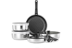 RIOVARM Acciaio inossidabile Set di pentole e padelle Induzione con manici staccabili, Ceramica Antiaderente Impilabile Set di pentole con coperchi, Adatto ai forni, Lavabile in lavastoviglie