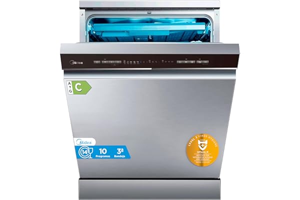 Midea Lavavajillas 60 cm+++ Inox para 14 servicios - Lavaplatos libre instalación - Compacto con 10 Programas de Lavado integrable - Filtro Antibacterias y Programación Horaria Nuevo Modelo
