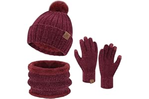 ZASFOU Damen Winter Beanie Mützen Schal Touchscreen Handschuhe Set Chenille Strick Wintermütze Winterhandschuhe Loop Schal
