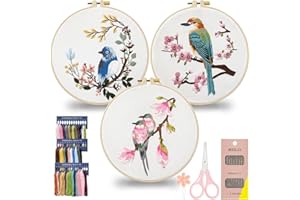 Dremisland Lot de 3 Kit Broderie d'oiseaux Et de Fleurs Point de Croix Kit Broderie Debutant Broderie Point de Croix avec Instructions Cadres de Broderie Fils de Couleur Ciseaux (Oiseau,3 Pièces)